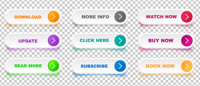 Set of modern buttons read more, more info, buy now and more for web site and ui. Vector icon.