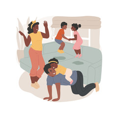 Home entertainment isolated cartoon vector illustration. Kids jumping, laughing, toddler riding father back, family entertaining at home, having fun in living room, happy parent cartoon vector.