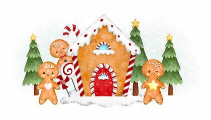 Gingerbread family with gingerbread house