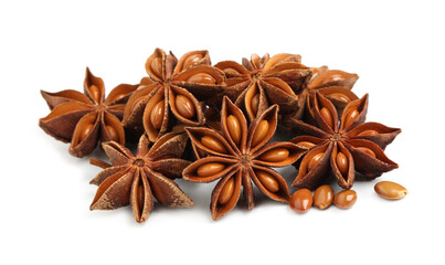 Dry anise stars with seeds on white background