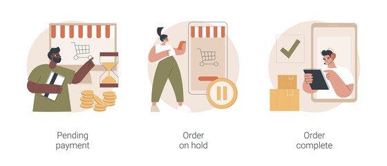 E-commerce purchase processing abstract concept vector illustration set. Pending payment, order on hold, booking complete, shipping details and delivery service, bank transaction abstract metaphor.