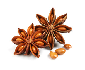 Dry anise stars with seeds on white background