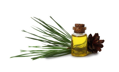 Glass bottle of essential oil and pine branch with cone on white background