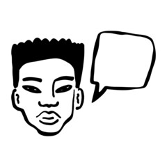 Contemporary African American young man art portrait with speech bubble, line art guy's face, contour teenager's avatar.