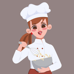 Happy beautiful woman chef making bakery cartoon art illustration.