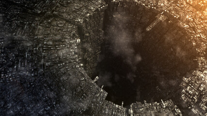 An aerial view of futuristic mega space city urban metropolis advance civilization architecture depiction the dystopian virtual landscape of future city life