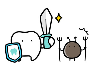 虫歯菌と戦うかわいい歯のキャラクターの手書き風イラスト