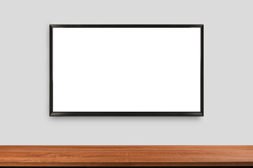 TV screen on gray wall. Blank white screen LCD 4K monitor display