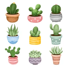 Zelfklevend Fotobehang Cactus in pot Set of watercolor cactus plant