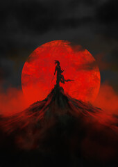 A lone ninja stands on a mountain at night, against the backdrop of a red moon. - obrazy, fototapety, plakaty