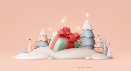 Merry Christmas and Happy New Year festive 3d composition with realistic Christmas trees, gifts box in snow drift, golden confetti. Xmas background winter nature, Holiday design. Vector illustration - obrazy, fototapety, plakaty