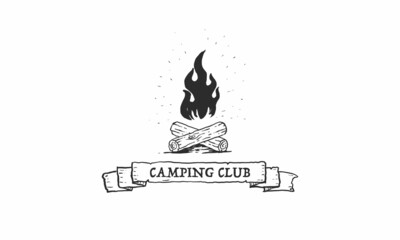 Camp logo with campfire. Stay wild and free. Vector illustration.