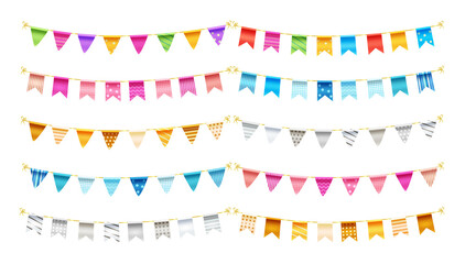 Pennants birthday banner vector set. Birth day pennant decoration with colors and patterns hanging flag object for festive occasion and event celebration collection design. Vector illustration.
