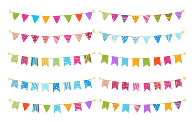 Pennants birthday decoration vector set. Birth day pennant flag hanging banner collection in colorful and festive pattern for event celebration decor elements design. Vector illustration.
