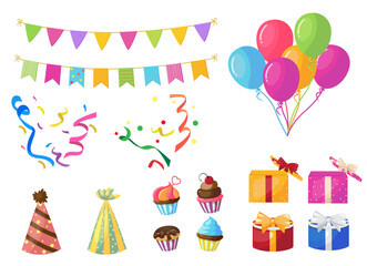 Birthday party elements vector set. Birth day flat objects like colorful balloons, pennants and gifts isolated in white background for surprise decoration elements. Vector illustration.
