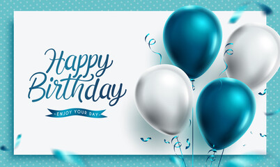Happy birthday vector template background. Happy birthday greeting text in white board with blue balloons celebration elements for birth day card decoration. Vector illustration
 - obrazy, fototapety, plakaty