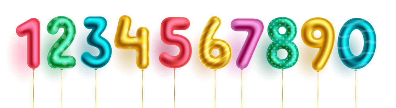 Colorful number balloons vector set. Birthday foil numbers balloon with colorful numeric count of 0 to 9 for birth day and event occasion celebration decoration design. Vector illustration.
