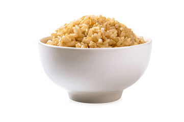 Brown rice in white bowl on white background.