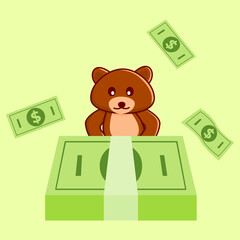 Rich cute bear, teddy bear has lots of money, brown bear