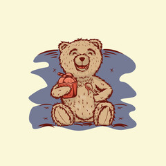 Illustration of a brown teddy bear eating ice cream with a spoon on a cream background