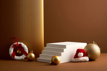 Stairway in trendy minimal interior. Brown background with christmas ornament for product...