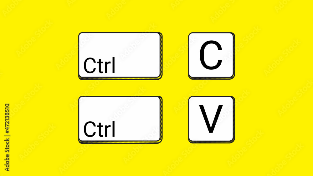 Poster keyboard keys Ctrl C and Ctrl V, copy and paste the key shortcuts. Computer icon on yellow background