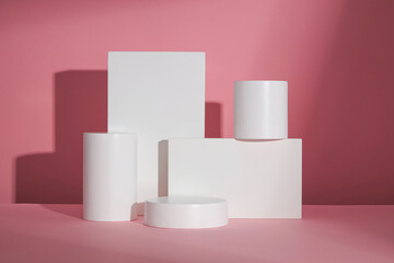 Circle , square white podium ,  in pink background and blank space for advertising , abstract content , front view