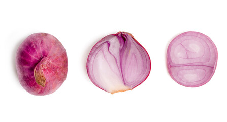 Top view fresh purple onion or shallot with cut slices on white background.