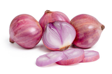 Purple onion or shallot with cut slices on white background.