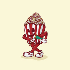 Illustration of popcorn holding green flag in hand on cream background