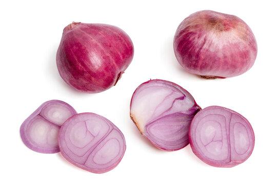 Top view fresh purple onion or shallot with cut slices on white background.