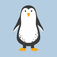 Childish illustration of penguin isolated on blue background. Hand-drawn penguin in cartoon style.