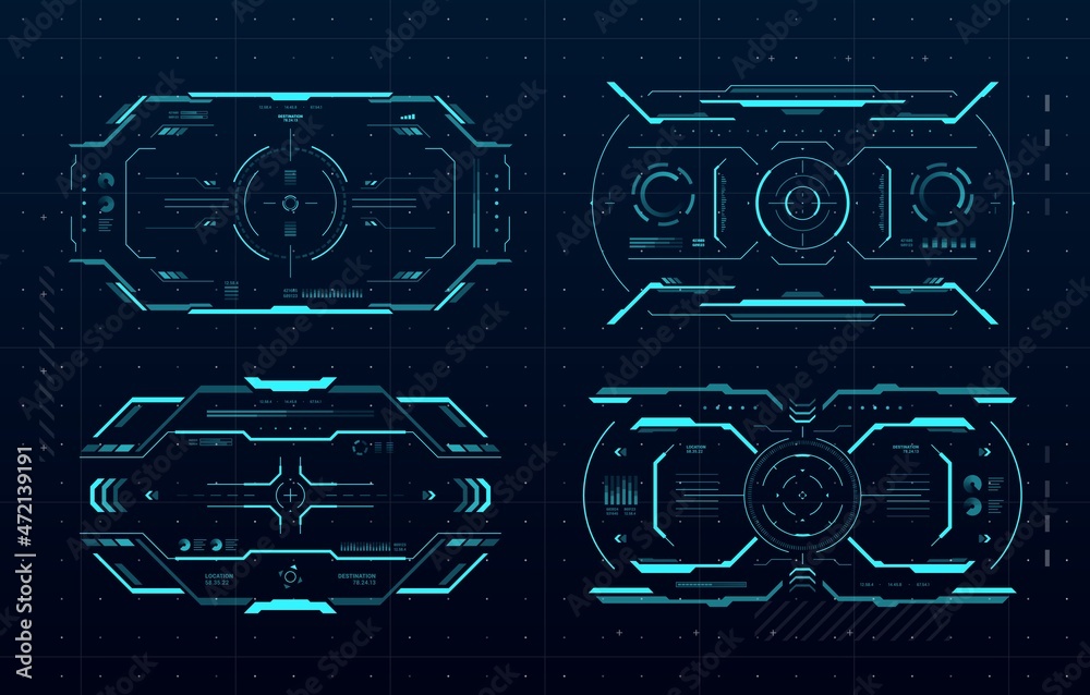 Aufkleber HUD aim control frame interface, futuristic target screen of Sci Fi game ui or gui. Digital monitors with vector hologram crosshairs, neon viewfinder borders and menu bars, future technology