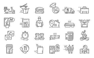 Food delivery icons, fast online order and shipping service vector symbols. Scooter, wok box, burger and toque, payment, delivery linear icons. Courier, clock, shopping trolley, map and phone tube