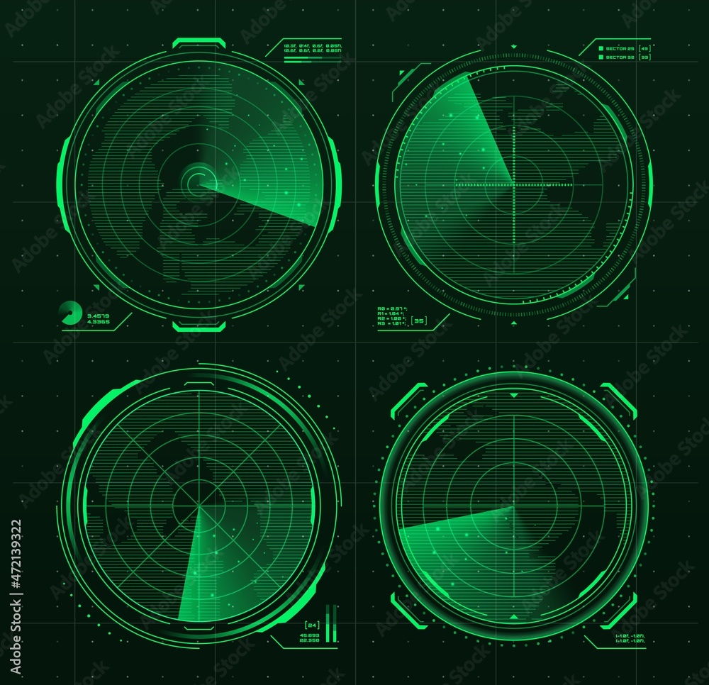 Poster HUD military radar or sonar display screen interface of submarine, ship and airplane navigation. Futuristic vector digital monitors with grid map and green neon objects, Sci Fi game ui or gui