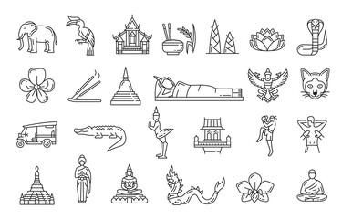Thailand travel landmarks and thai national symbols. Vector icons of Bangkok temples and palaces. Thailand tourism sightseeing Buddha and tuk tuk, muay thai boxing, dragon and elephant