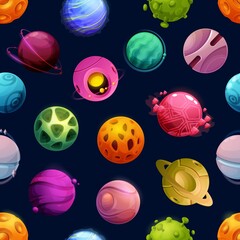 Cartoon futuristic planets and stars seamless pattern. Extraterrestrial live and cyber planets background, fantastic galaxy worlds and satellites vector wallpaper with holes, rings and dimples