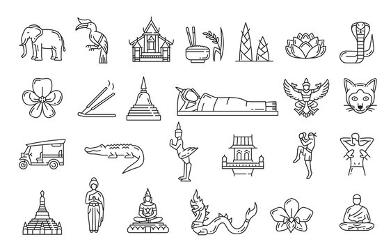 Thailand travel landmarks and thai national symbols. Vector icons of Bangkok temples and palaces. Thailand tourism sightseeing Buddha and tuk tuk, muay thai boxing, dragon and elephant