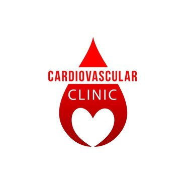 Cardiovascular clinic vector icon, heart and red blood drop. Cardiology medicine, cardiovascular system health care, cardiac disease diagnostic and treatment symbol of hospital or medical center