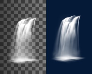 Waterfall cascade, vector pure multiple falling jets. Realistic water fall stream, park fountain or natural cascading 3d element. Falling waterfall, isolated stream with aqua splashes and fog