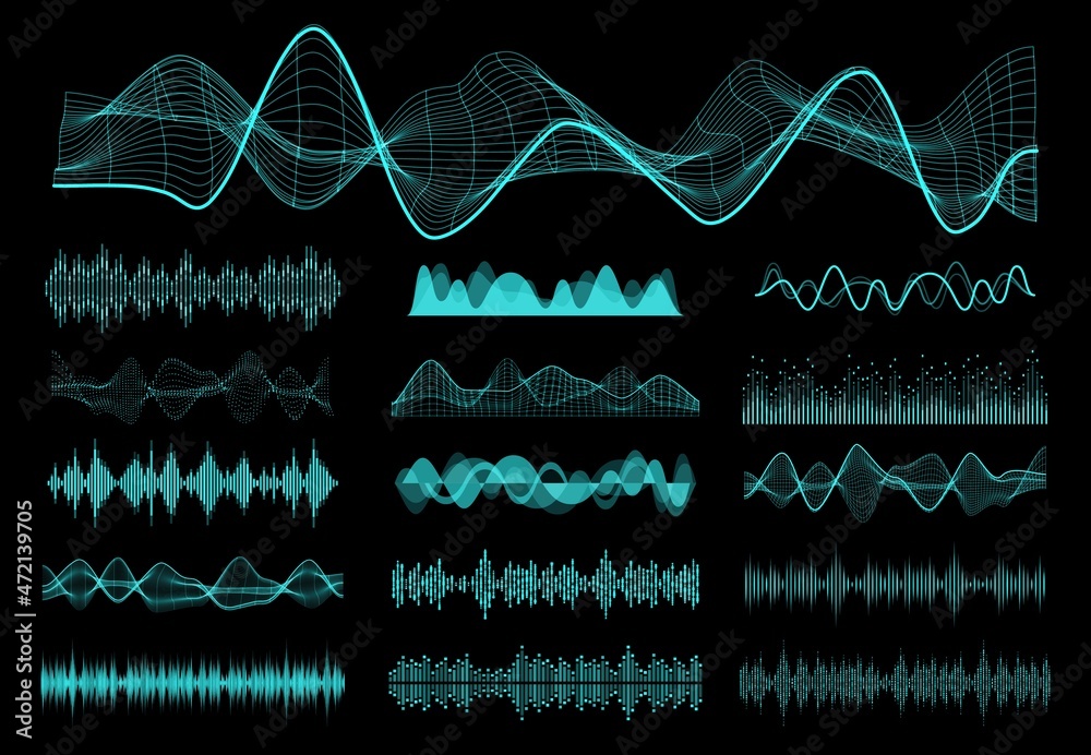 Aufkleber HUD sound waves, audio equalizer and voice control frequency flow elements set. Radio signal, music waveform and soundwave spectrum, sound volume, vibration power neon vector curves