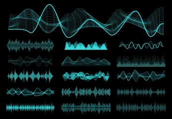 HUD sound waves, audio equalizer and voice control frequency flow elements set. Radio signal, music waveform and soundwave spectrum, sound volume, vibration power neon vector curves - obrazy, fototapety, plakaty