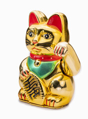 Maneki-neko money cat on white background or lucky cat glitter gold is mean welcoming more money and gold, good luck good fortune to the owner.