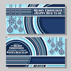 Vector banners for Christmas and New Year with copy space, 2 headers with outline christmas decorations, unique brush lettering for words merry christmas and happy new year on blue striped background