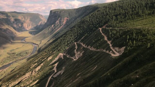 Katu Yaryk mountain pass with the river of Chulyshman flowing in the valley. Altai Republic, Russia