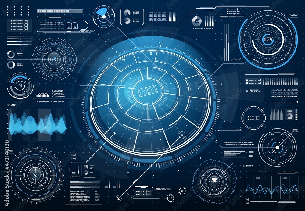 Leinwandbilder HUD Sci Fi interface with circular aim target control, radar and sound check vector graphic elements. Game UI, program or app user interface futuristic design graphs, circular diagrams and waves