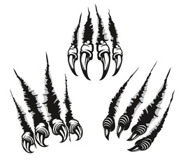 Monster claw mark scratches of dragon with long nails. Vector fingers tear through paper or wall surface. Beast paw sherds, wild animal rips, four talons traces break isolated on white background - obrazy, fototapety, plakaty
