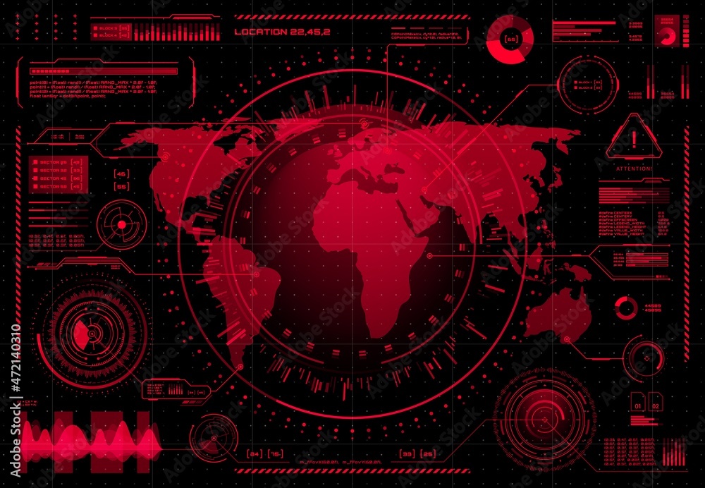 Aufkleber HUD ui, futuristic user interface and infographics with danger, warning, hacking, viruses or trojan alert signs. Red vector hologram of dashboard panel digital screen with world map and graphs