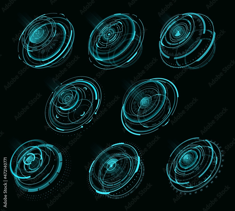 Leinwandbilder HUD futuristic circular screen panel of Sci Fi web interface, vector infographic and visual data round graph. HUD virtual holograms of dashboard controls and information menu on digital screen