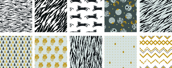 
Vector set of illustrations of animals seamless prints. New year holiday collection of tiger and tiger stripes in flat style.